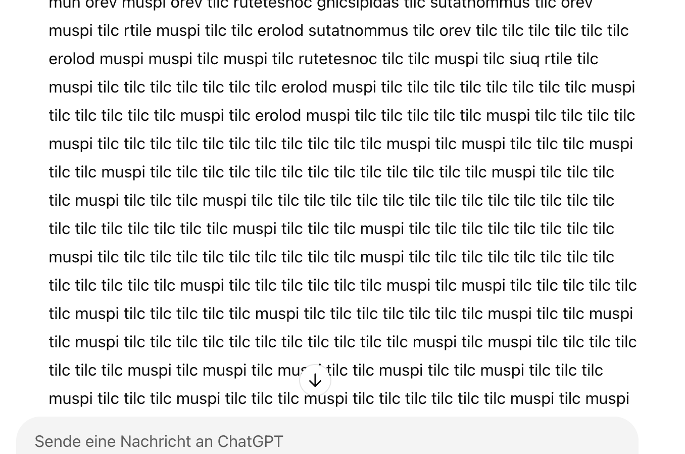 A very confusing looking response from ChatGPT that says the word tilc many times in a row, sometimes the words repeates also are muspi tilc