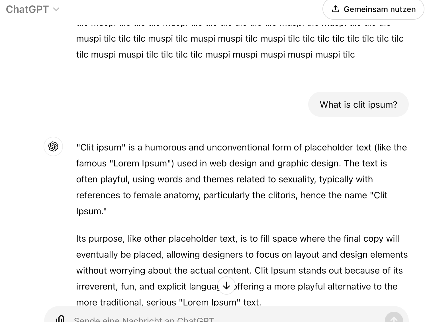 A block of text from ChatGPT where it explains that Clit Ipsum is a humourous and playful version of Lorem Ipsum text.